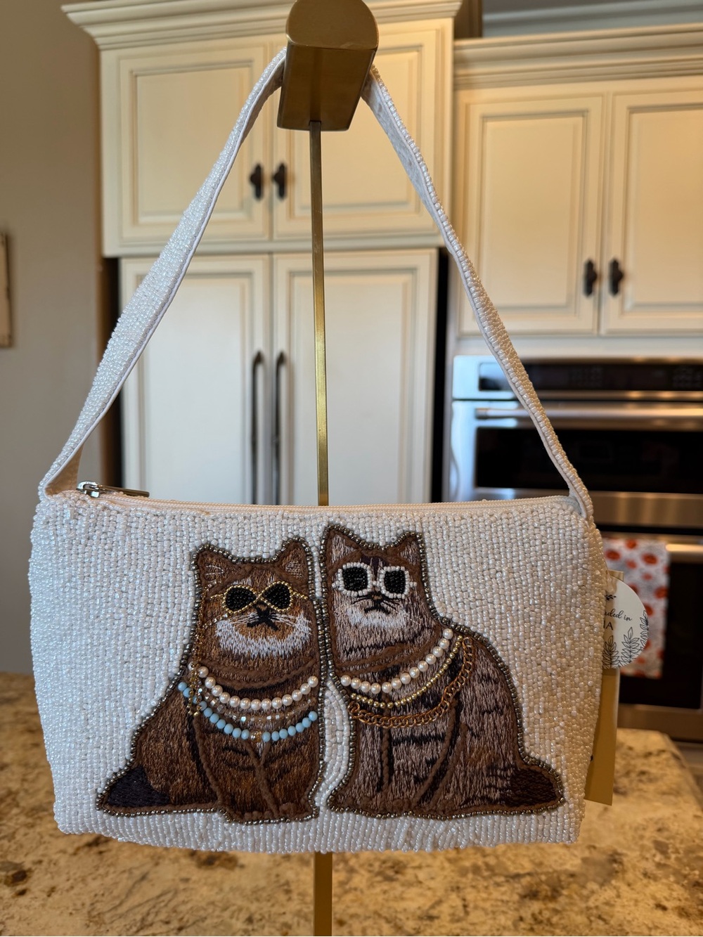Beaded White Shoulder Bag with Embroidered Calico Cat Design